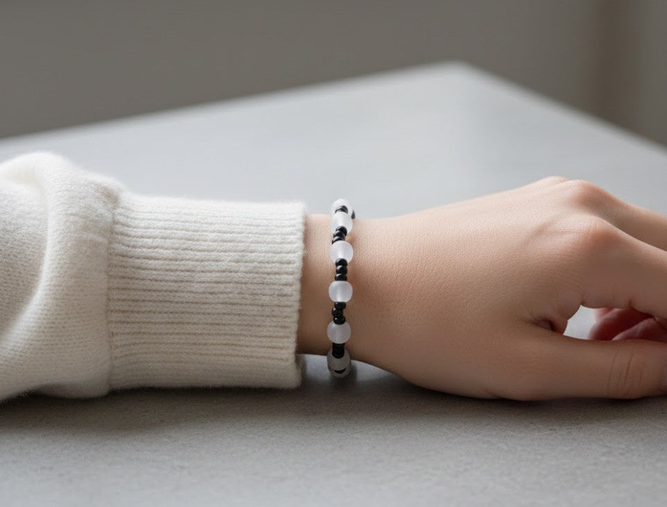Handmade Stretch Beaded Bracelet with Selenite Beads and Black Spacer Beads