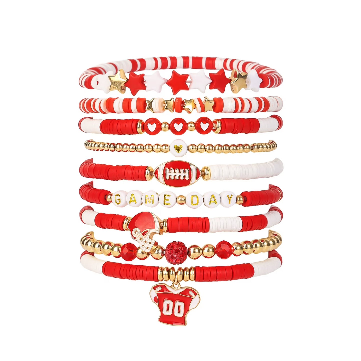Bracelets - Stackable Red and White Game Day - Set of Seven