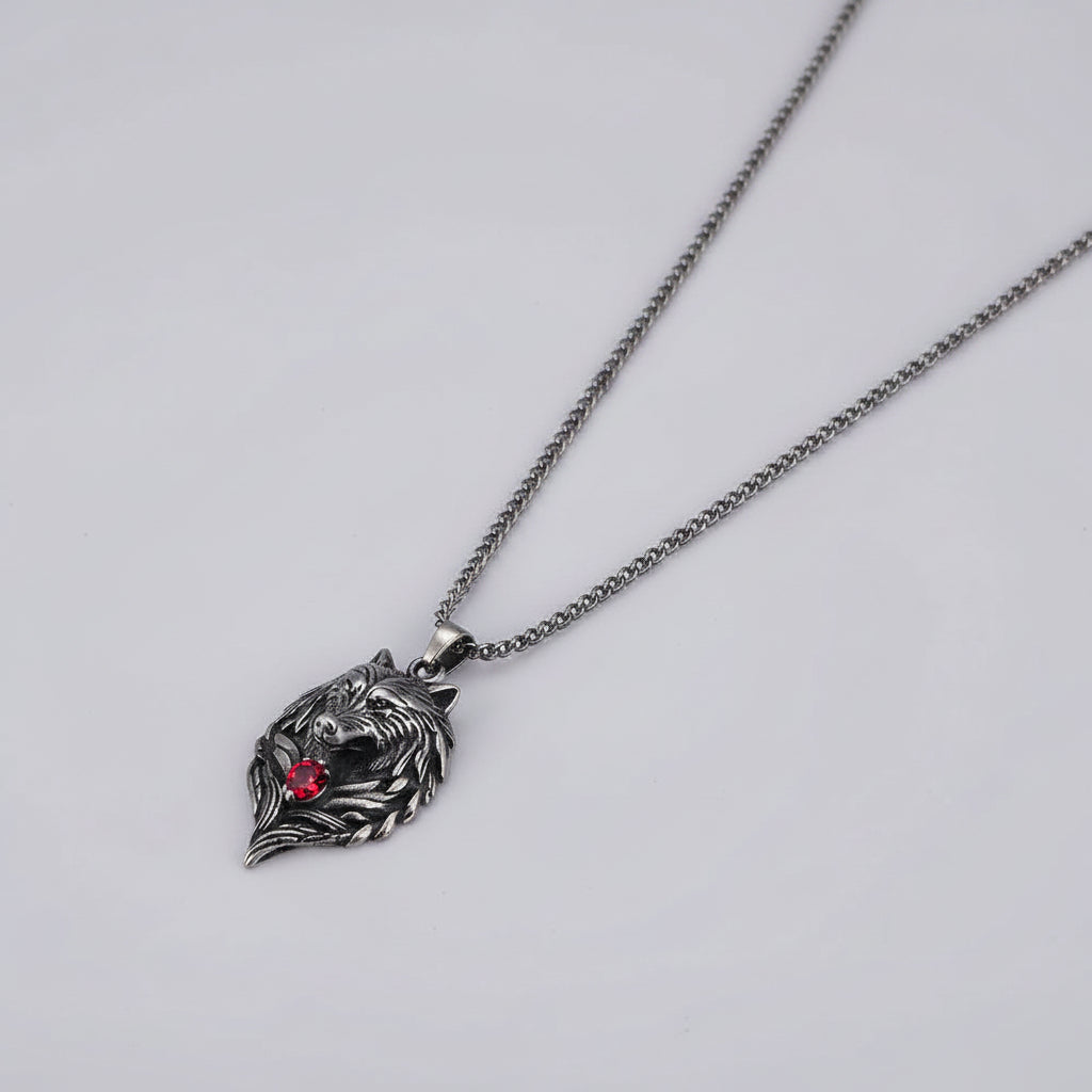Necklace - Fenrir Viking Wolf Head - Stainless Steel Chain with Red Gem Medallion