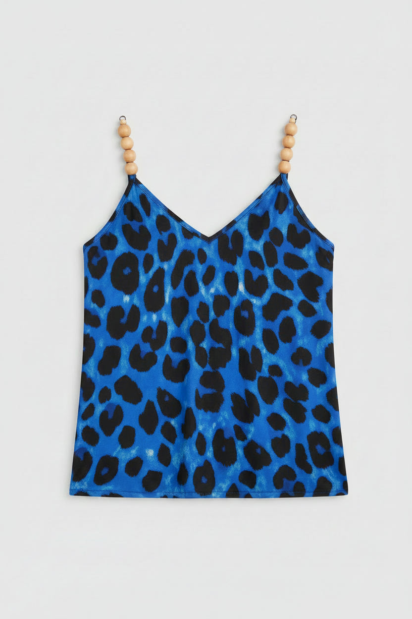 Spaghetti Strap - Blue Animal Print with Wooden Ball Decor on Straps - 1X