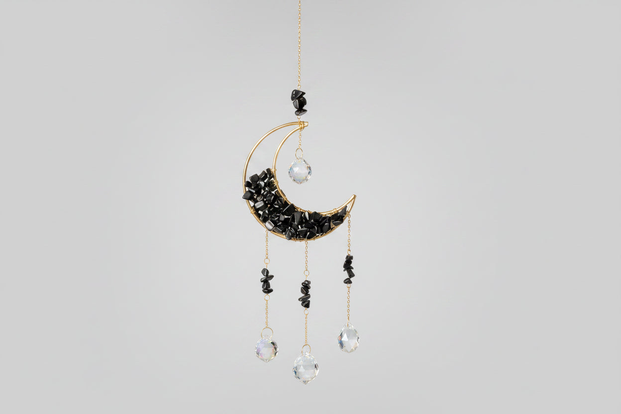Crystal Moon Hanging Suncatchers - 18" Available in Obsidian, Green Aventurine, Rose Quartz, Amethyst, or Citrine
