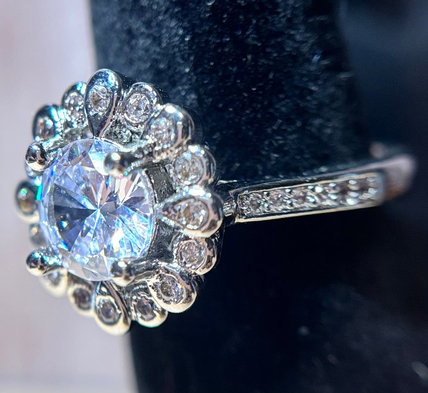 Ring Size 7 - Floral Setting Diamond Simulant Engagement Ring