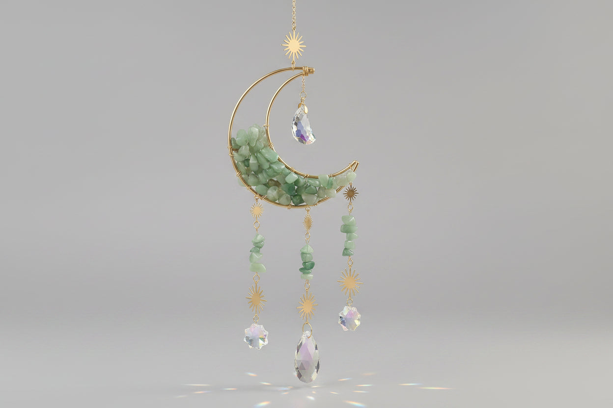 Crystal Moon Hanging Suncatchers - 18" Available in Obsidian, Green Aventurine, Rose Quartz, Amethyst, or Citrine