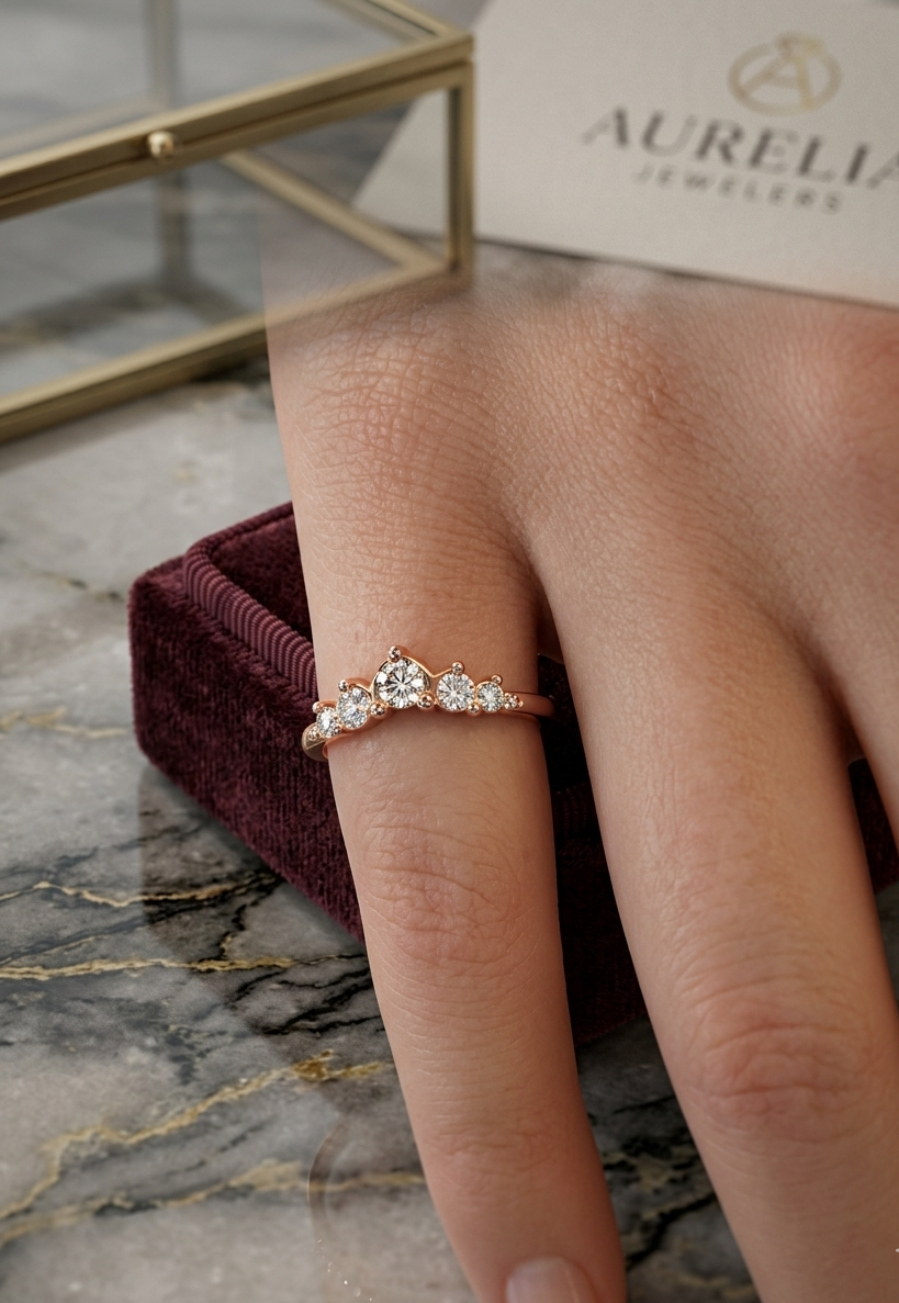 Ring - Tiara Wishbone Rose Gold Rhinestones - Size 5 - #1058