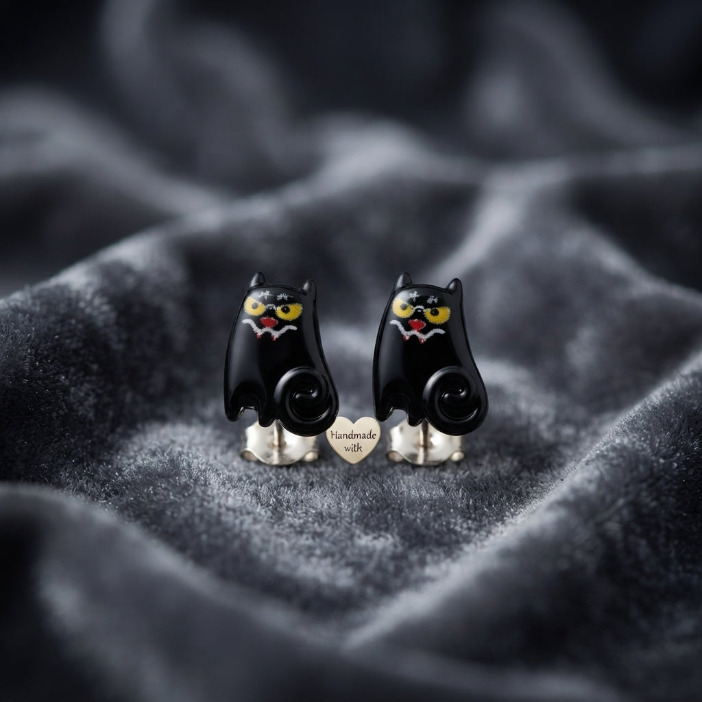 Earrings - Creepy - Cute - Cat - Studded - Handmade - Black or White
