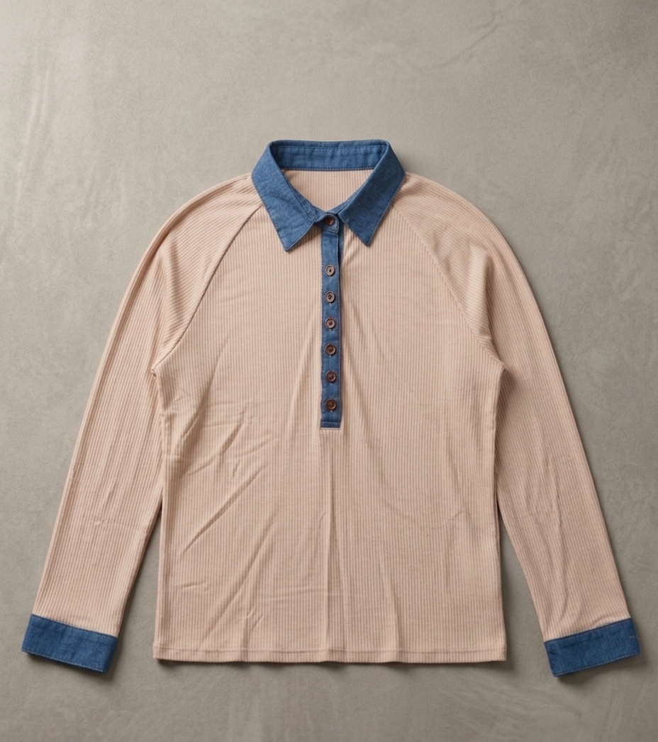 Long sleeve waffle knit Henley Shirt in soft tan with denim collar and cuffs