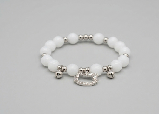 Bracelet - Hello Kitty - White Beaded with Silver Accent Beads - #1042