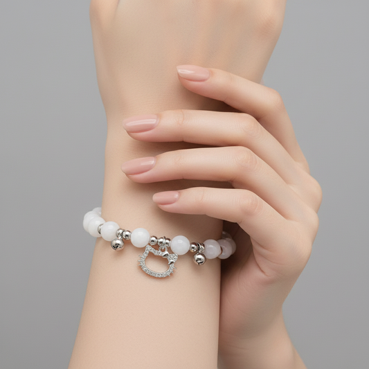 Bracelet - Hello Kitty - White Beaded with Silver Accent Beads - #1042