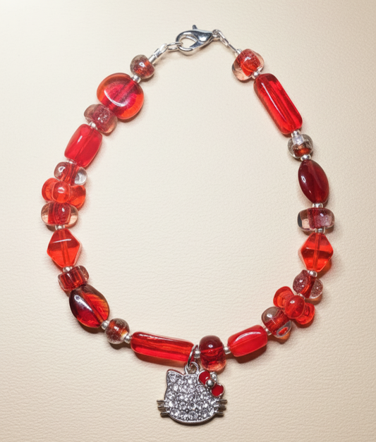 Handmade - Sparkling Hello Kitty Charm Beaded - 8" - Bracelet