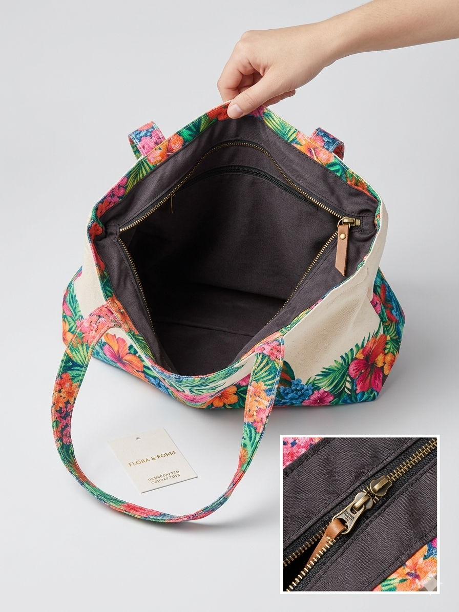 Flamingo CANVAS Faux Quilted Look Tote Bag with Zipper Closure