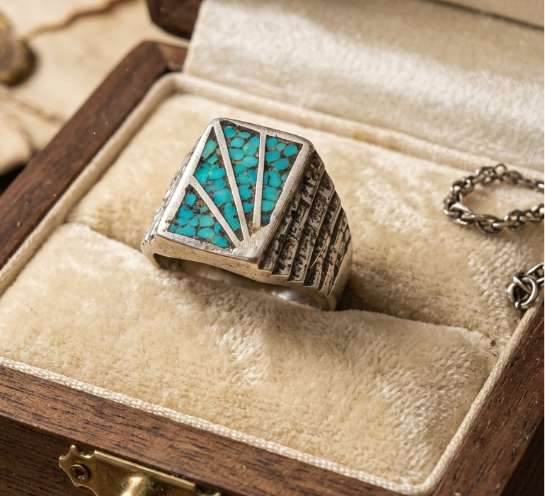 Ring - Preowned - Vintage Estate - Turquoise Mosaic Inlay - Signet - Size 9 - #1061
