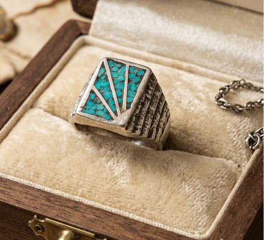 Ring - Preowned - Vintage Estate - Turquoise Mosaic Inlay - Signet - Size 9 - #1061