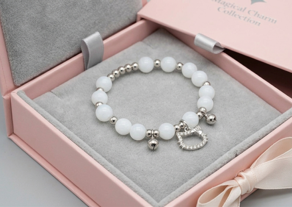 Bracelet - Hello Kitty - White Beaded with Silver Accent Beads - #1042