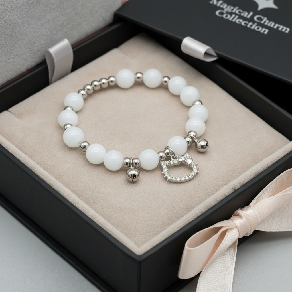 Bracelet - Hello Kitty - White Beaded with Silver Accent Beads - #1042