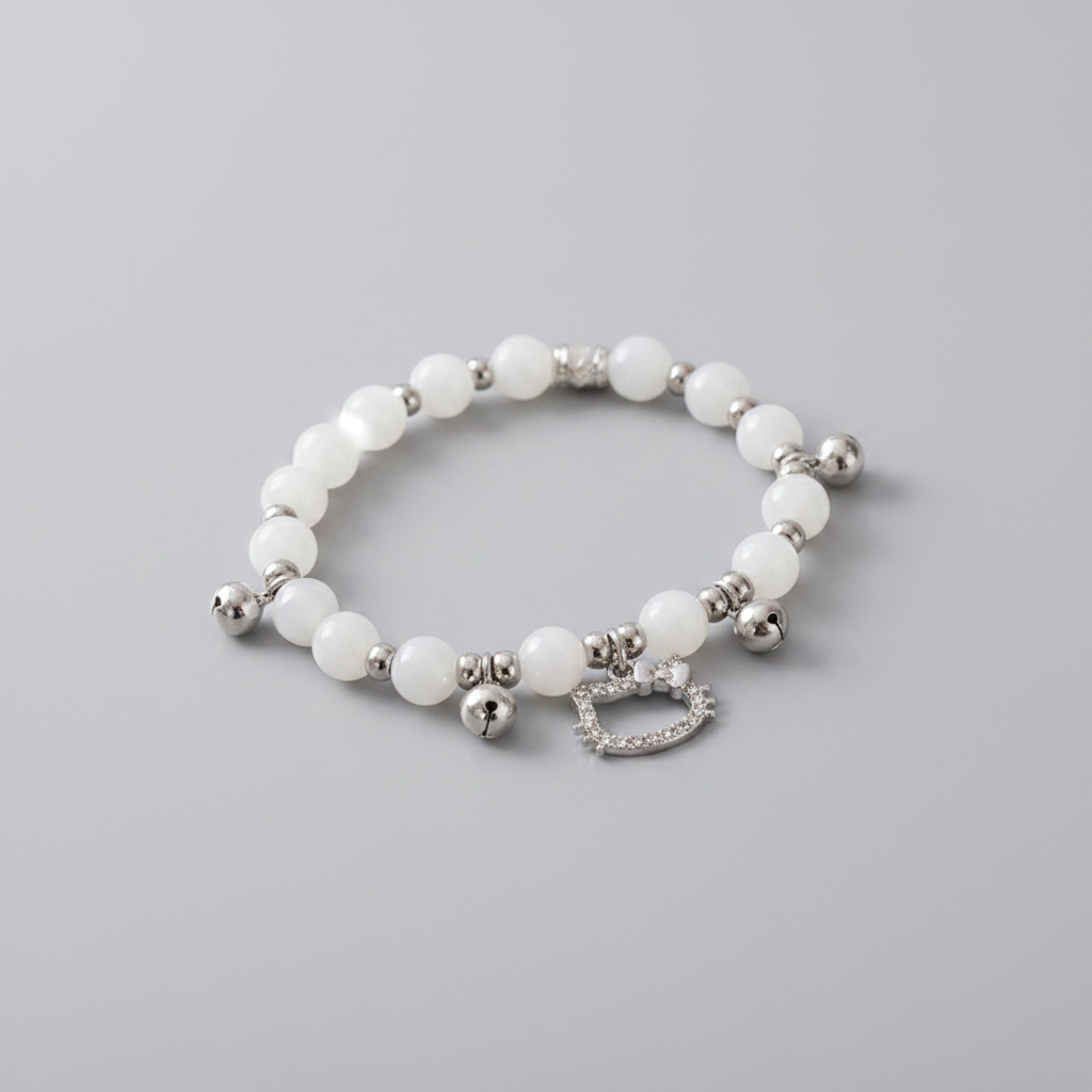 Bracelet - Hello Kitty - White Beaded with Silver Accent Beads - #1042