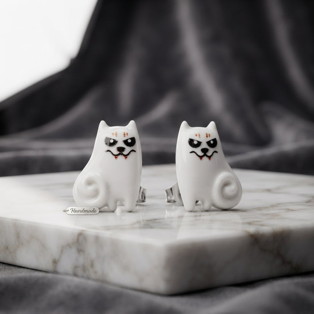 Earrings - Creepy - Cute - Cat - Studded - Handmade - Black or White