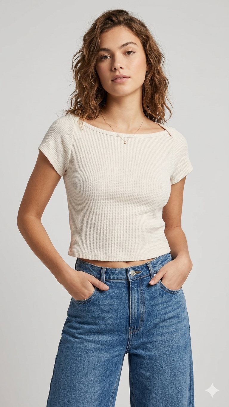 Blouse - Women's - Slim Fit - Short Sleeve - Boat Neck - Ribbed - T-shirt - Universal Thread - Cream - XL