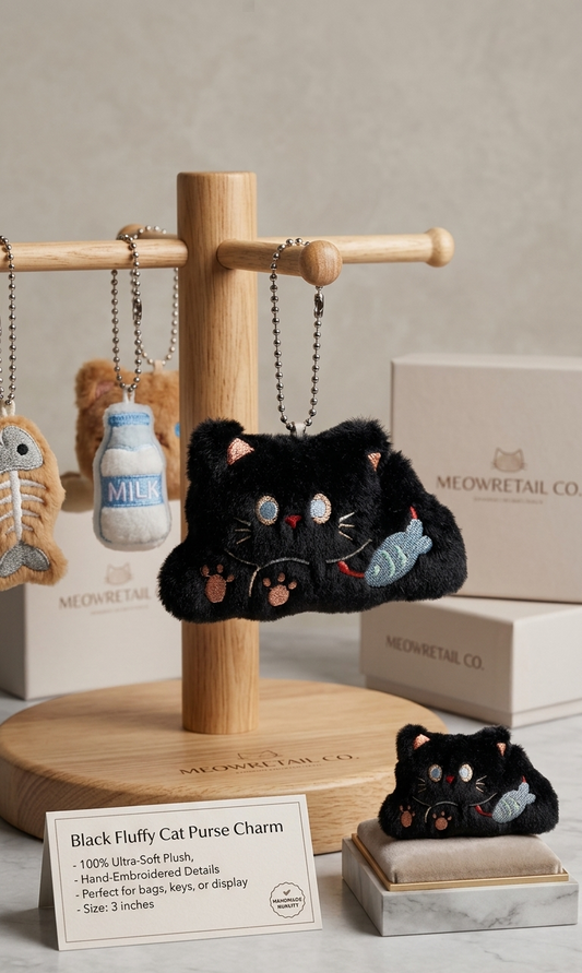 Purse Charm - Fluffy Black Cat