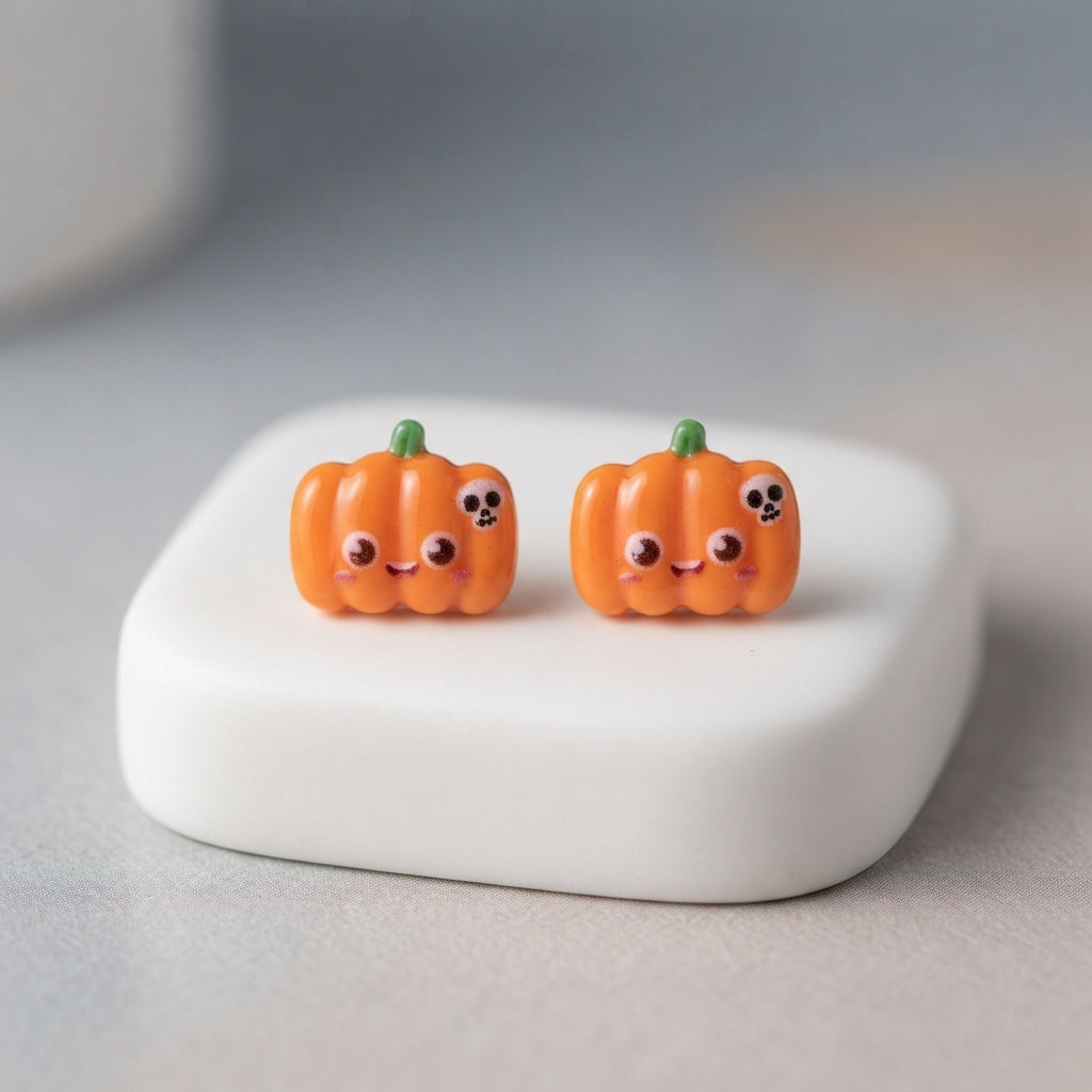 Earrings - Cute - Orange - Pumpkin - Studded - Handmade