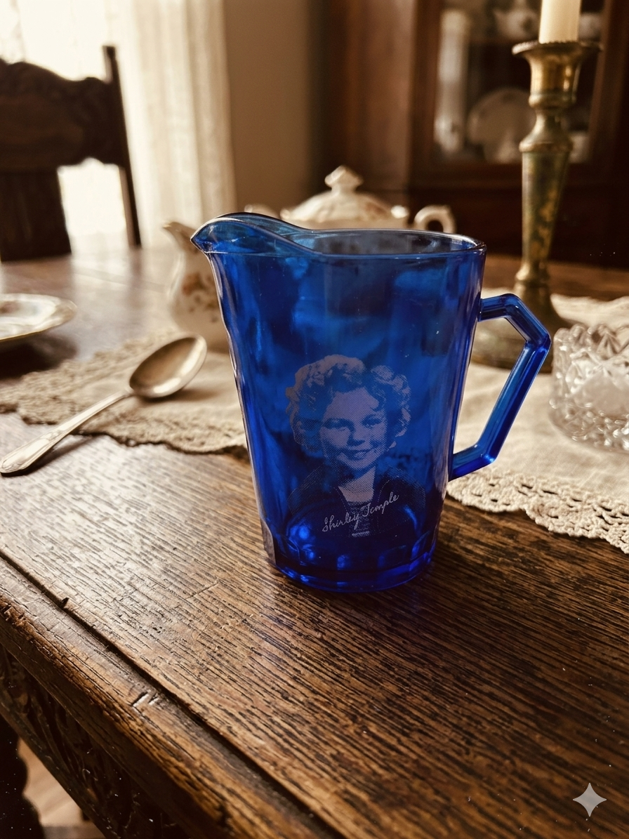 Collectible - Vintage - Hazel Atlas - Shirley Temple Cobalt Blue Glass Mini Pitcher