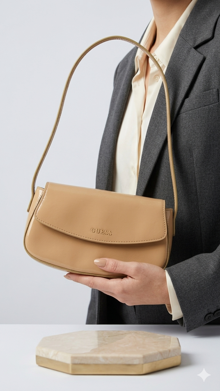 Handbag - Vintage - GUESS - Beige Leather Demi Shoulder Bag