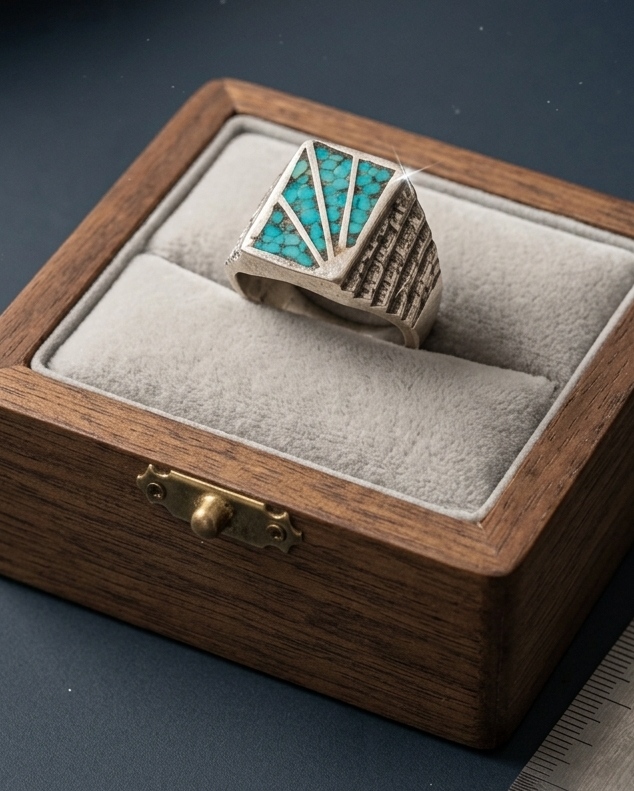 Ring - Preowned - Vintage Estate - Turquoise Mosaic Inlay - Signet - Size 9 - #1061