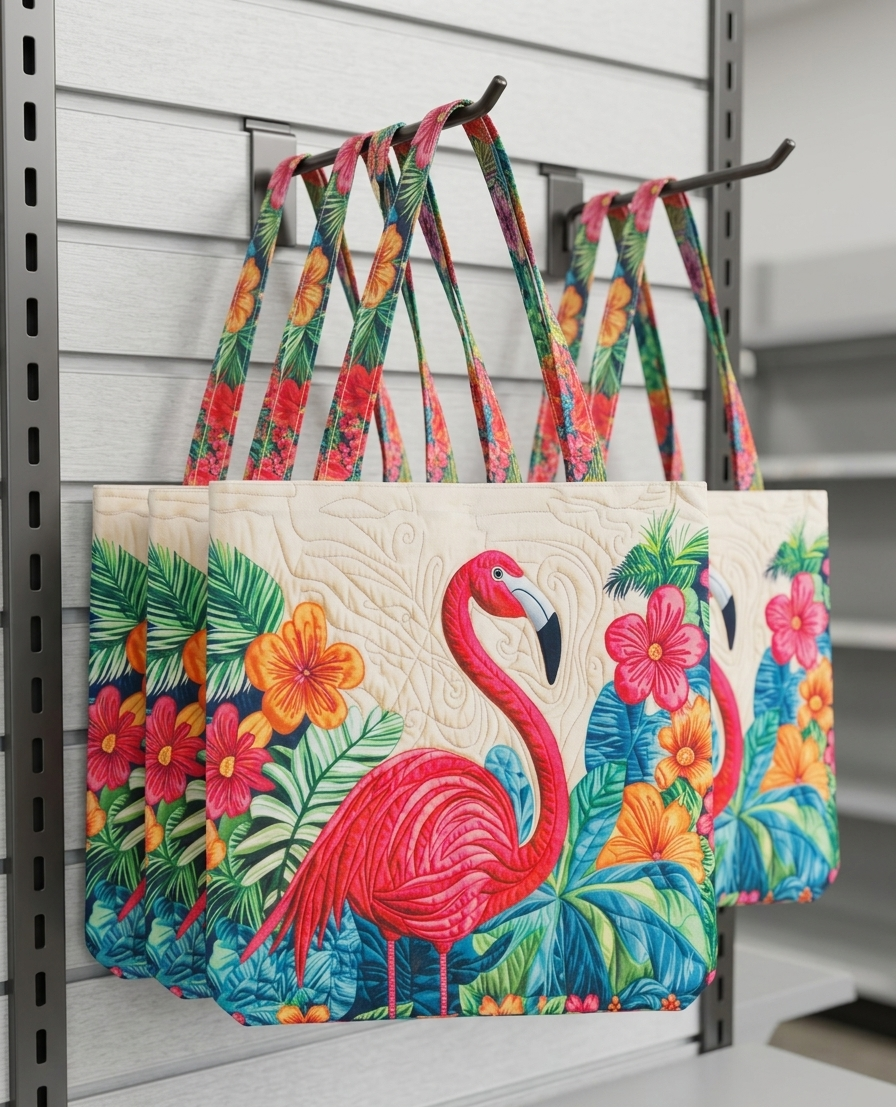 Flamingo CANVAS Faux Quilted Look Tote Bag with Zipper Closure