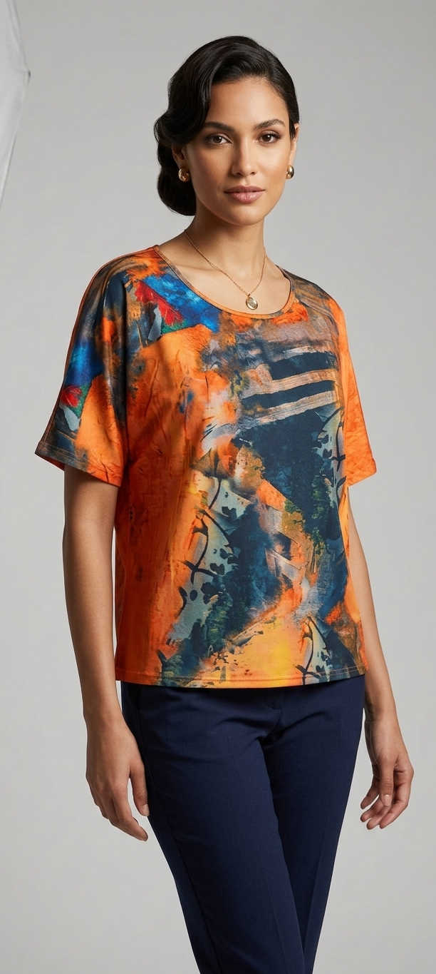 Blouse - Women's - Orange Multi - Short Sleeve - 3X