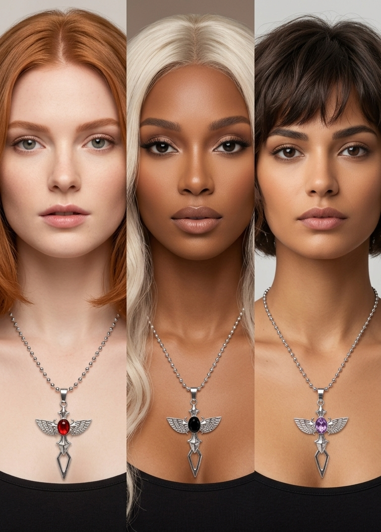 Necklace - Stainless Steel - Winged - Sword - with Gem Stone - Black - Red - or Purple