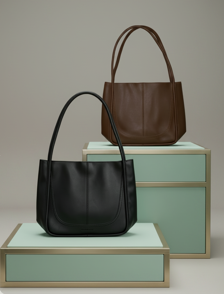 Handbag - Large - PU Leather - East West Shape Snap Closure