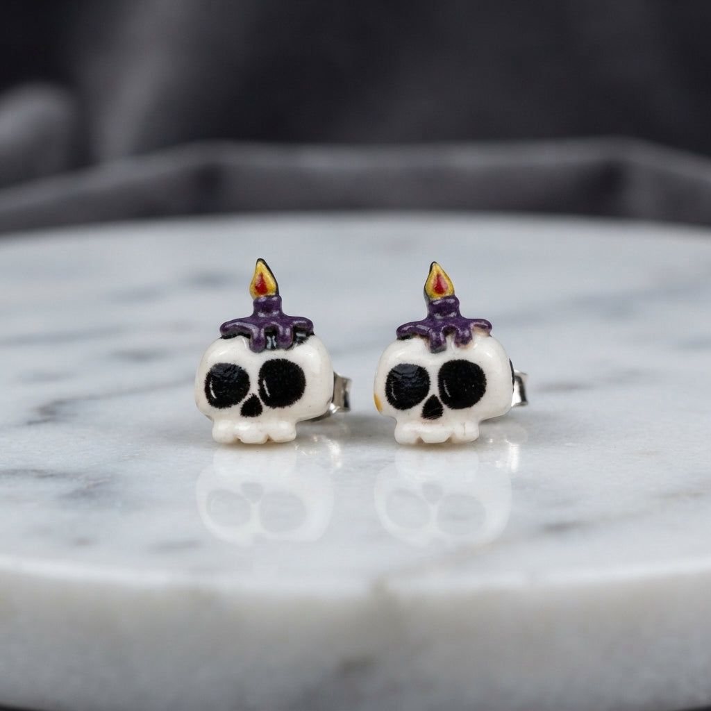Earrings - Handmade - Skull and Candle on it's Head - Stud