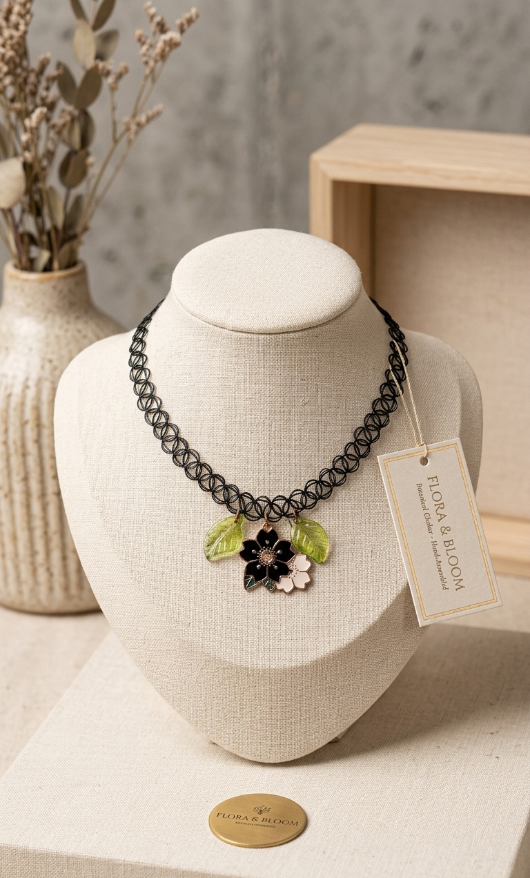 Necklace - 90s Style - Black Elastic Tattoo Choker with Floral Pendant - #1055