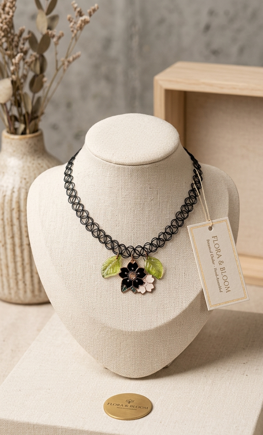 Necklace - 90s Style - Black Elastic Tattoo Choker with Floral Pendant - #1055