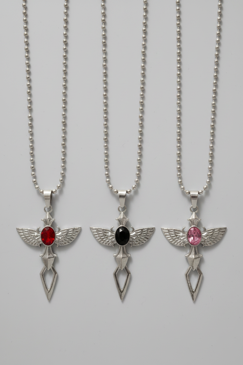 Necklace - Stainless Steel - Winged - Sword - with Gem Stone - Black - Red - or Purple