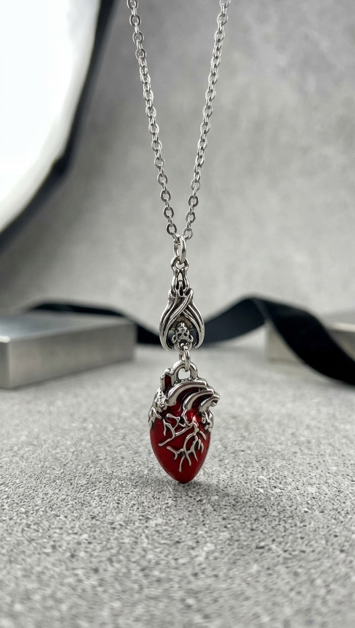 Heart Necklace with Hanging Bat