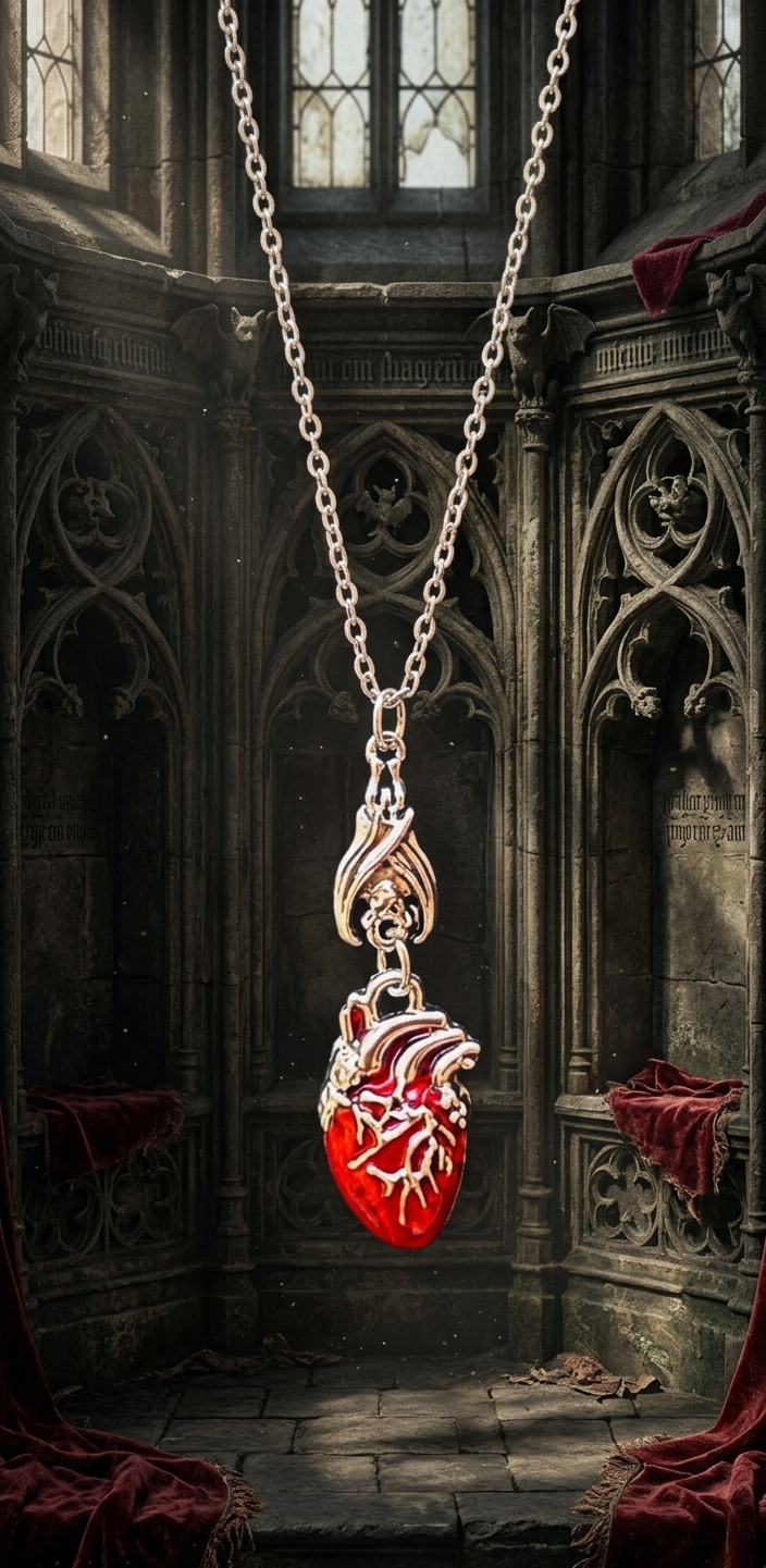 Heart Necklace with Hanging Bat