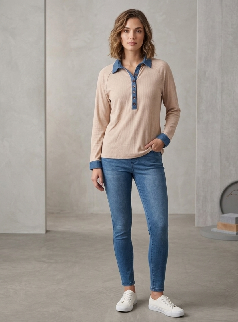 Long sleeve waffle knit Henley Shirt in soft tan with denim collar and cuffs