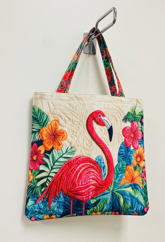 Flamingo CANVAS Faux Quilted Look Tote Bag with Zipper Closure