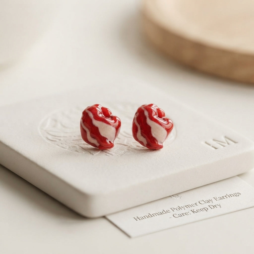 Earrings - Red & White -  Anatomical Heart - Studded - Handmade