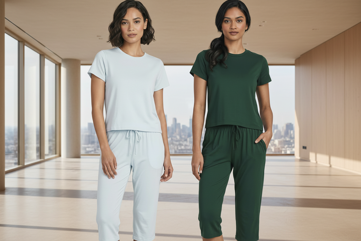 RE Real Essentials - 2 Pack Ladies Short Sleeve Crew & Capri Sleep Set