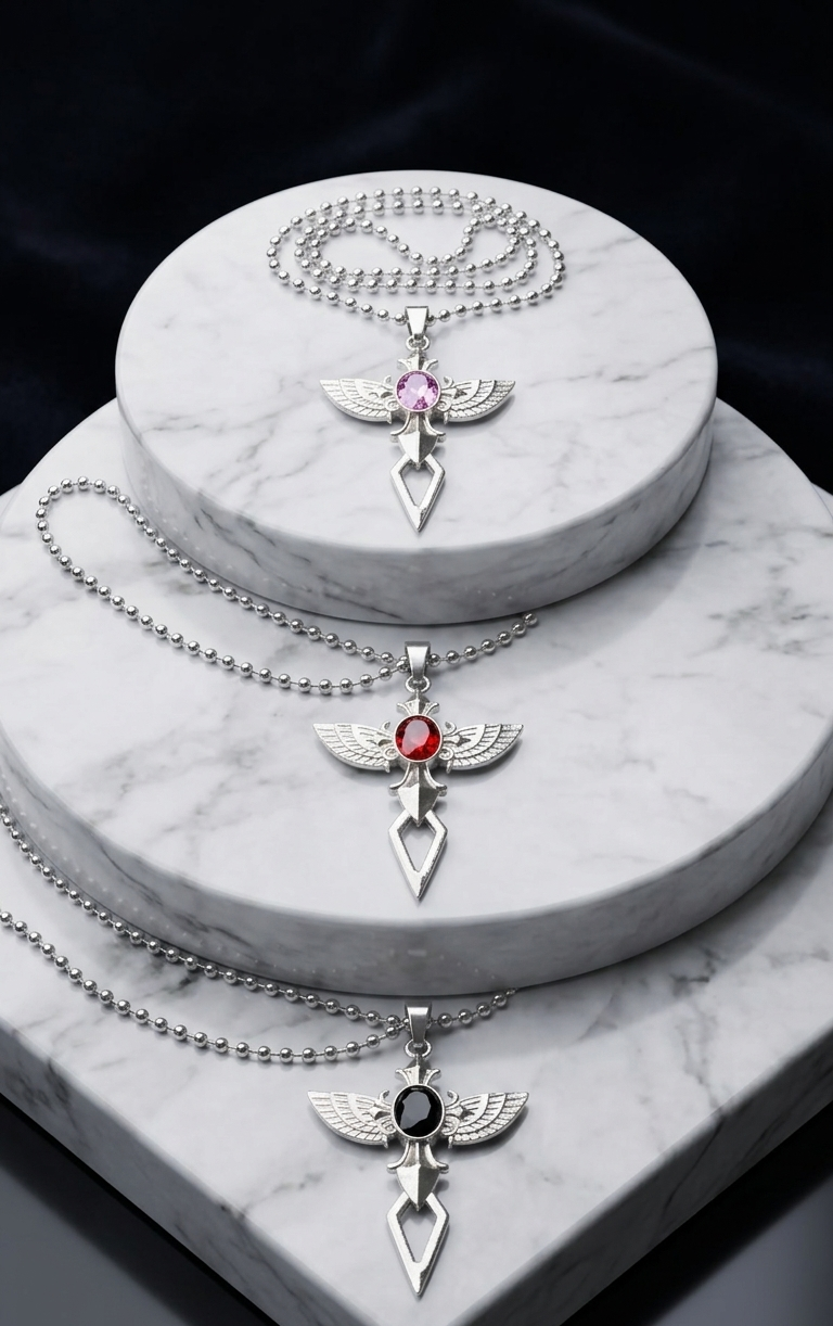 Necklace - Stainless Steel - Winged - Sword - with Gem Stone - Black - Red - or Purple