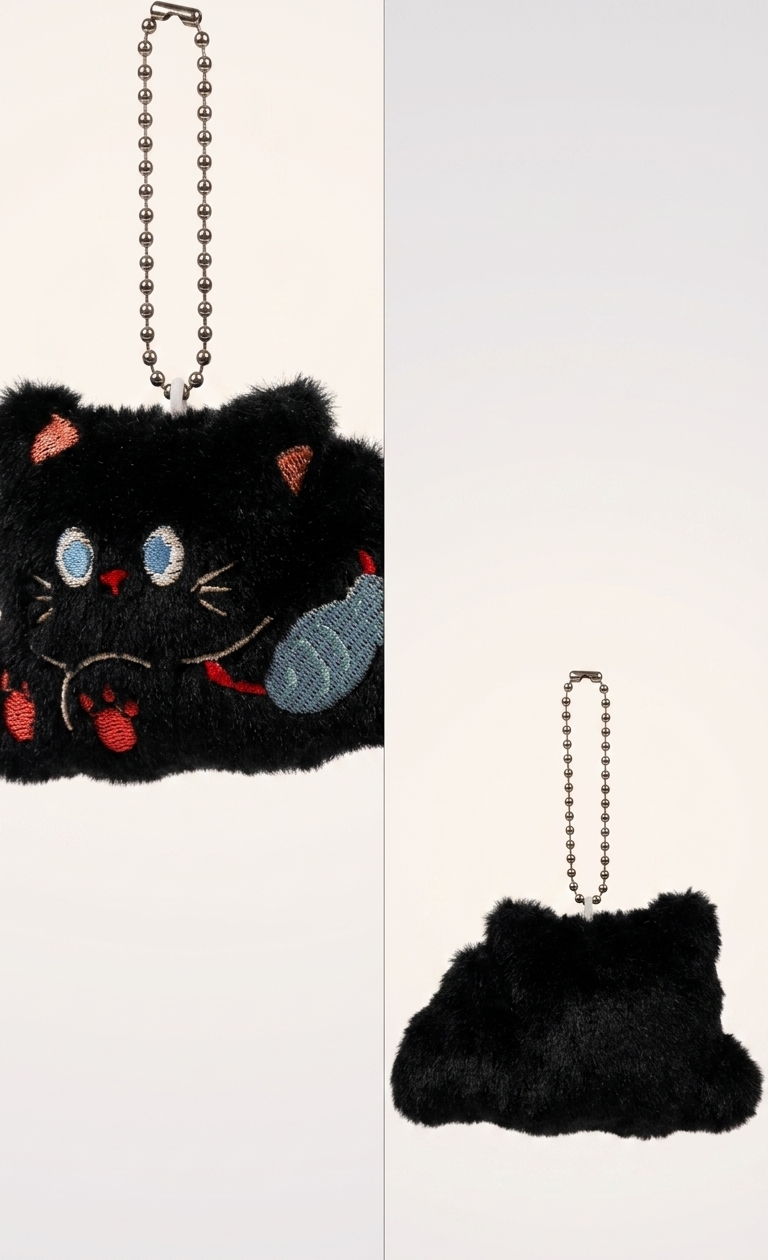 Purse Charm - Fluffy Black Cat