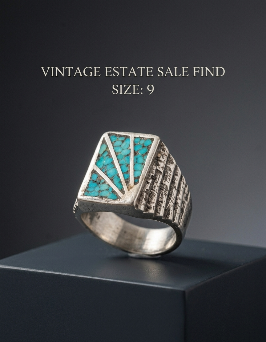 Ring - Preowned - Vintage Estate - Turquoise Mosaic Inlay - Signet - Size 9 - #1061