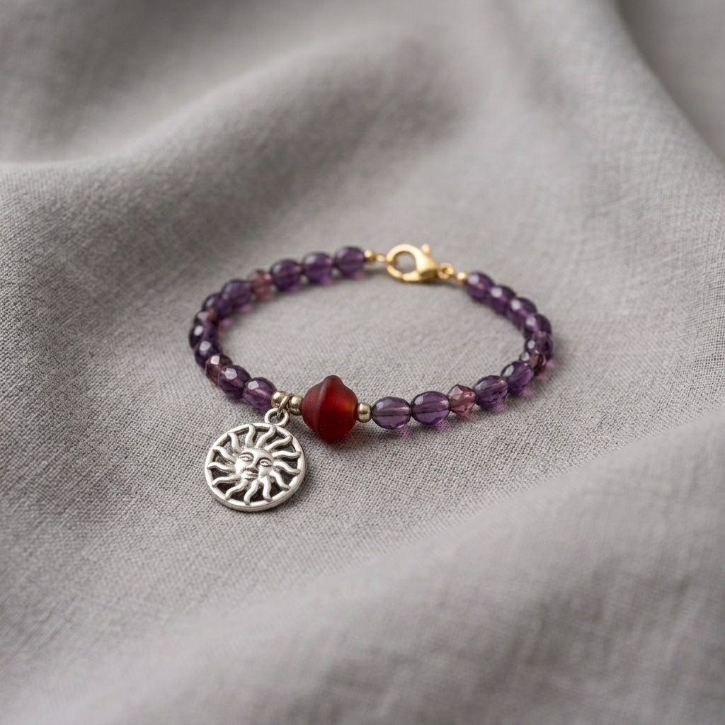 Bracelet - Hand Crafted - Sun Charm - Deep Plum - Cat Eye Glass Beads - Clasp Closure - 7"