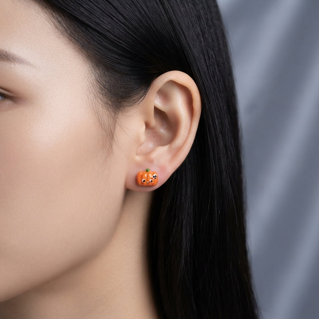 Earrings - Cute - Orange - Pumpkin - Studded - Handmade