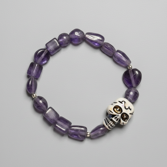 Bracelet - Handmade - Stretch Beaded with Skull focal Bead