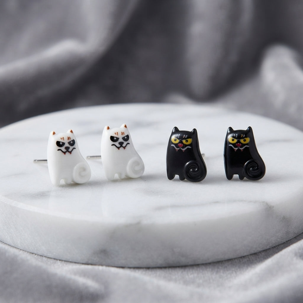 Earrings - Creepy - Cute - Cat - Studded - Handmade - Black or White