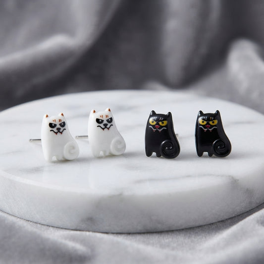 Earrings - Creepy - Cute - Cat - Studded - Handmade - Black or White
