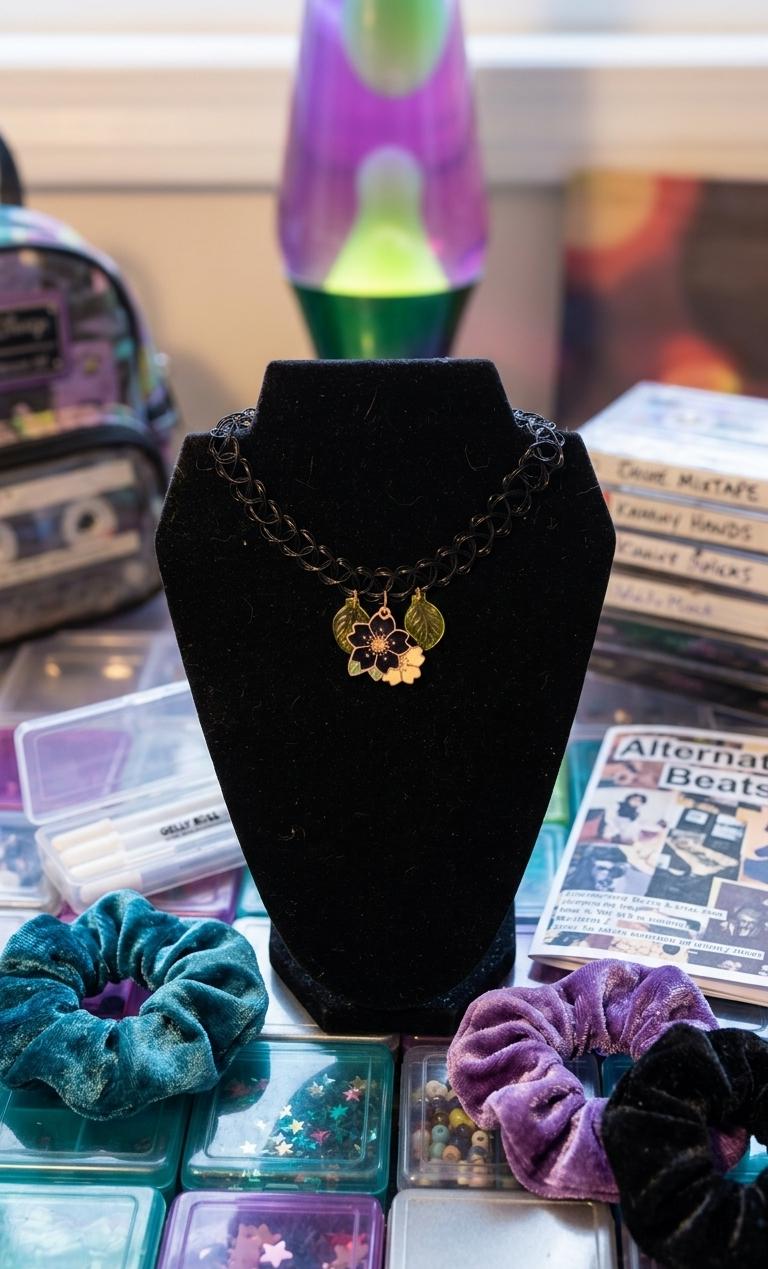 Necklace - 90s Style - Black Elastic Tattoo Choker with Floral Pendant - #1055