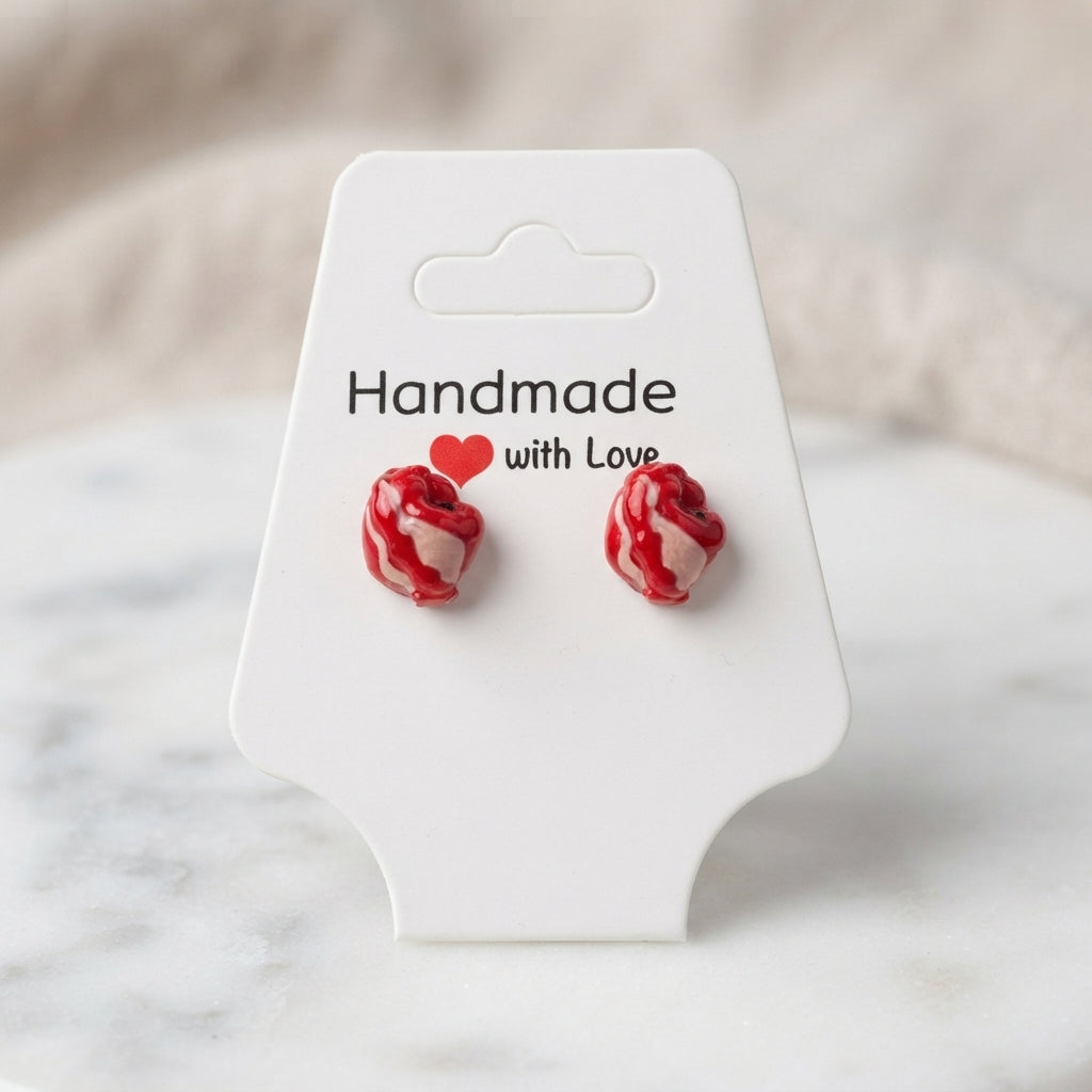 Earrings - Red & White -  Anatomical Heart - Studded - Handmade